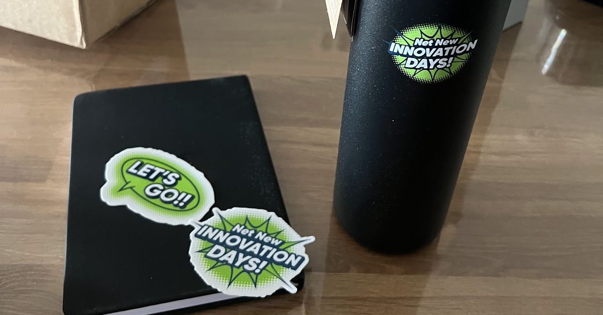 The prize: a Net New Innovation Days bottle, notebook and stickers