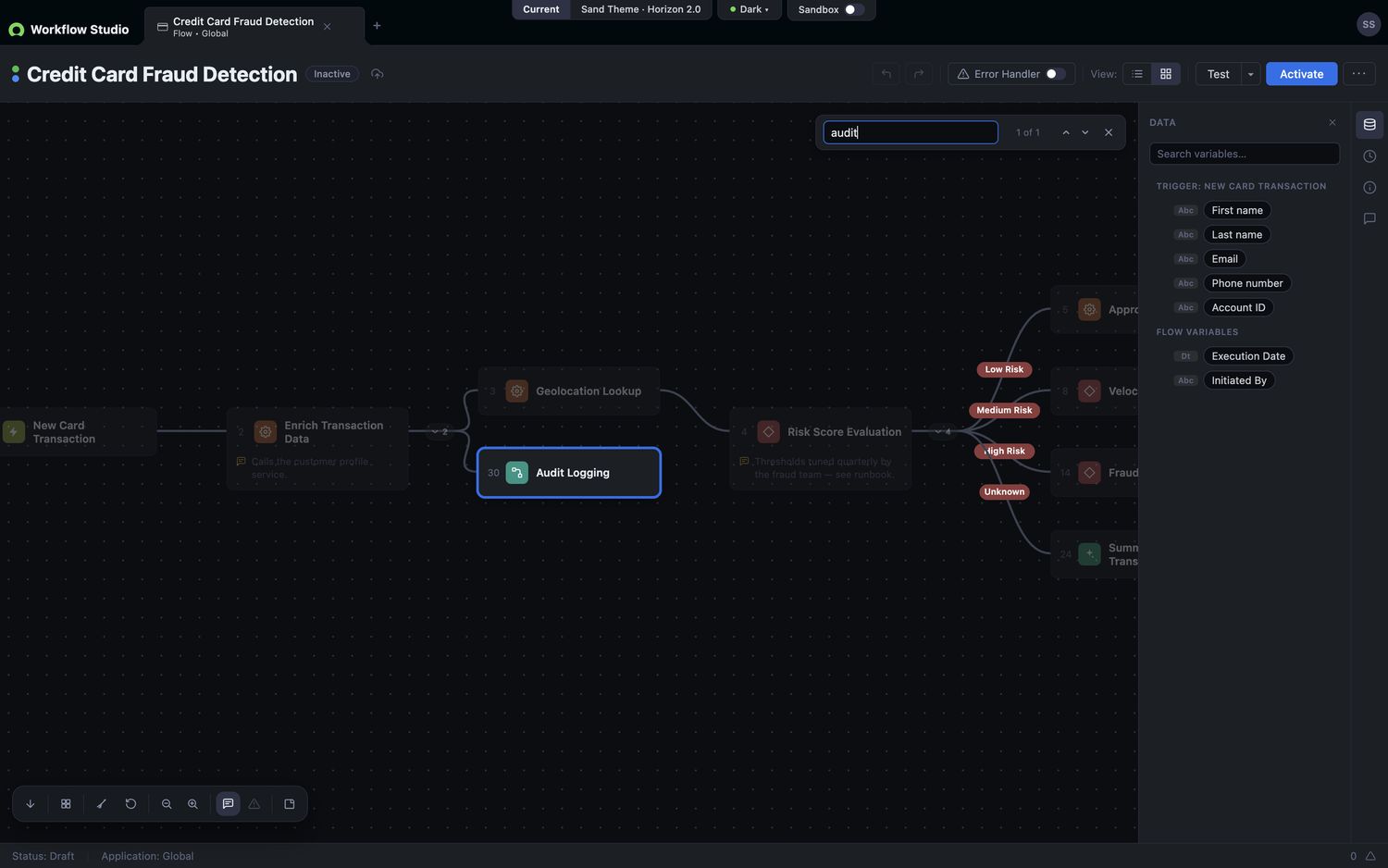 Frame 2 of 5 — Search is typeable straight away. Typing “audit” highlights the match, dims every non-match, and gives a “1 of 1” counter with up/down 