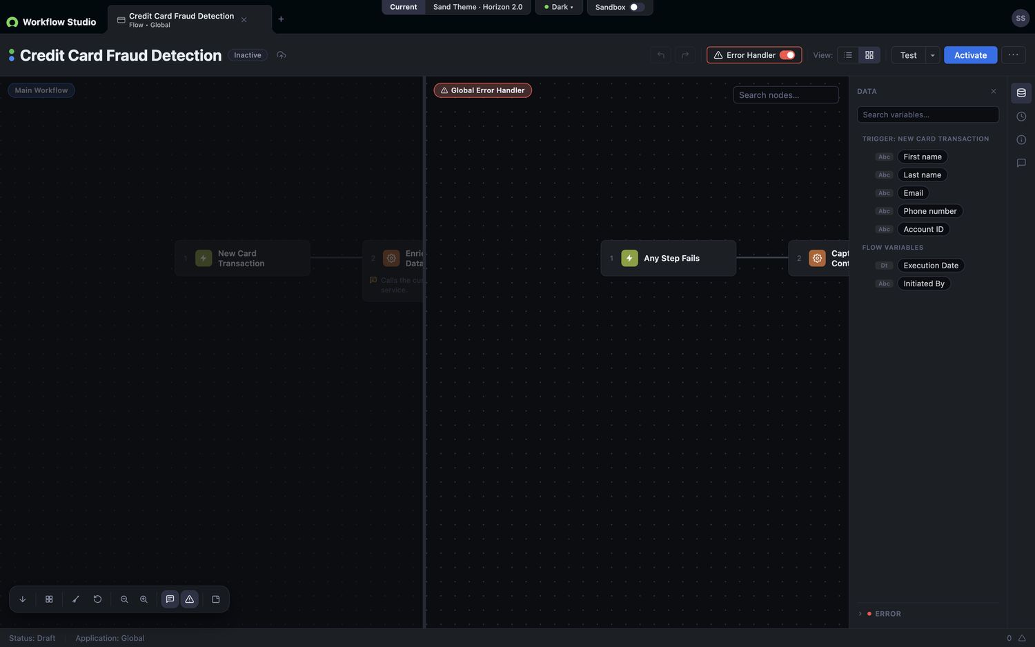 Frame 4 of 5 — The Global Error Handler as its own canvas beside the main workflow — “Any Step Fails” → “Capture Context” — with the toggle lit and an