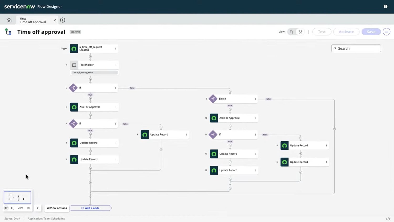 The shipping Flow Designer diagram view: sixteen numbered steps in two columns on a light canvas, with branch connectors crossing the full width of the screen and looping back underneath the flow