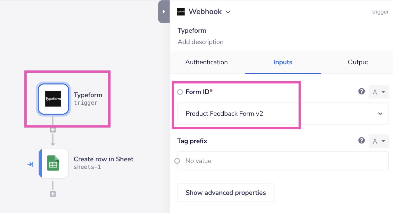 The Tray builder: a Typeform trigger step above a Create row in Sheet step on the left canvas, with the step properties panel on the right showing authentication, inputs and output tabs.