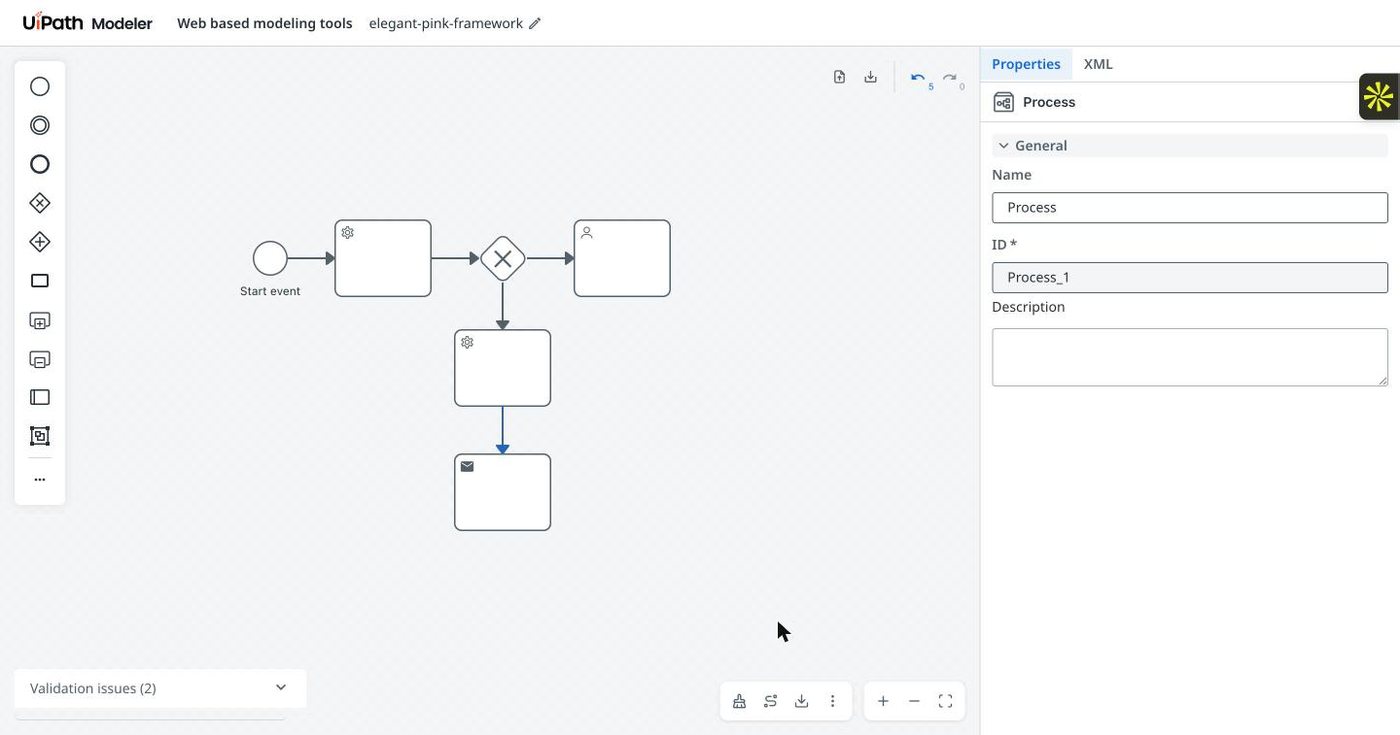 UiPath Maestro modelling canvas with a start event, a service task, an exclusive gateway branching to a user task and down to a second service task and a send task, a validation issues panel and a properties panel.