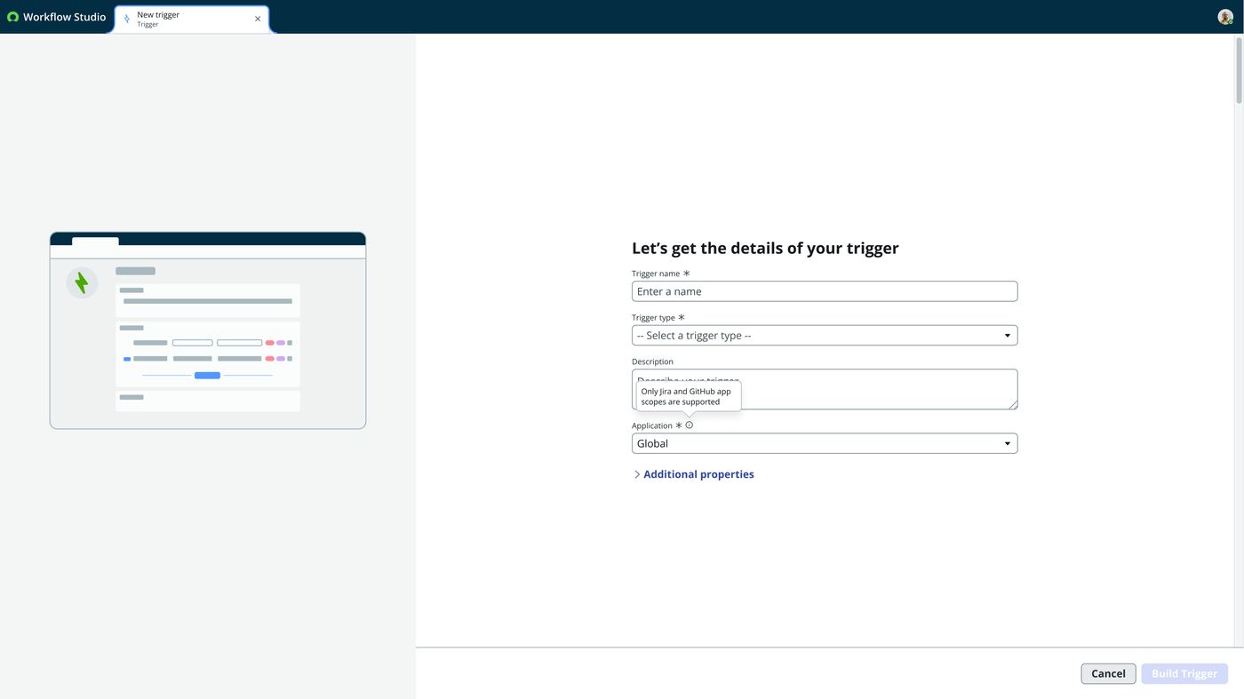Frame 2 of 23 — Creating one starts the same way as any trigger: name, type, description, application.
