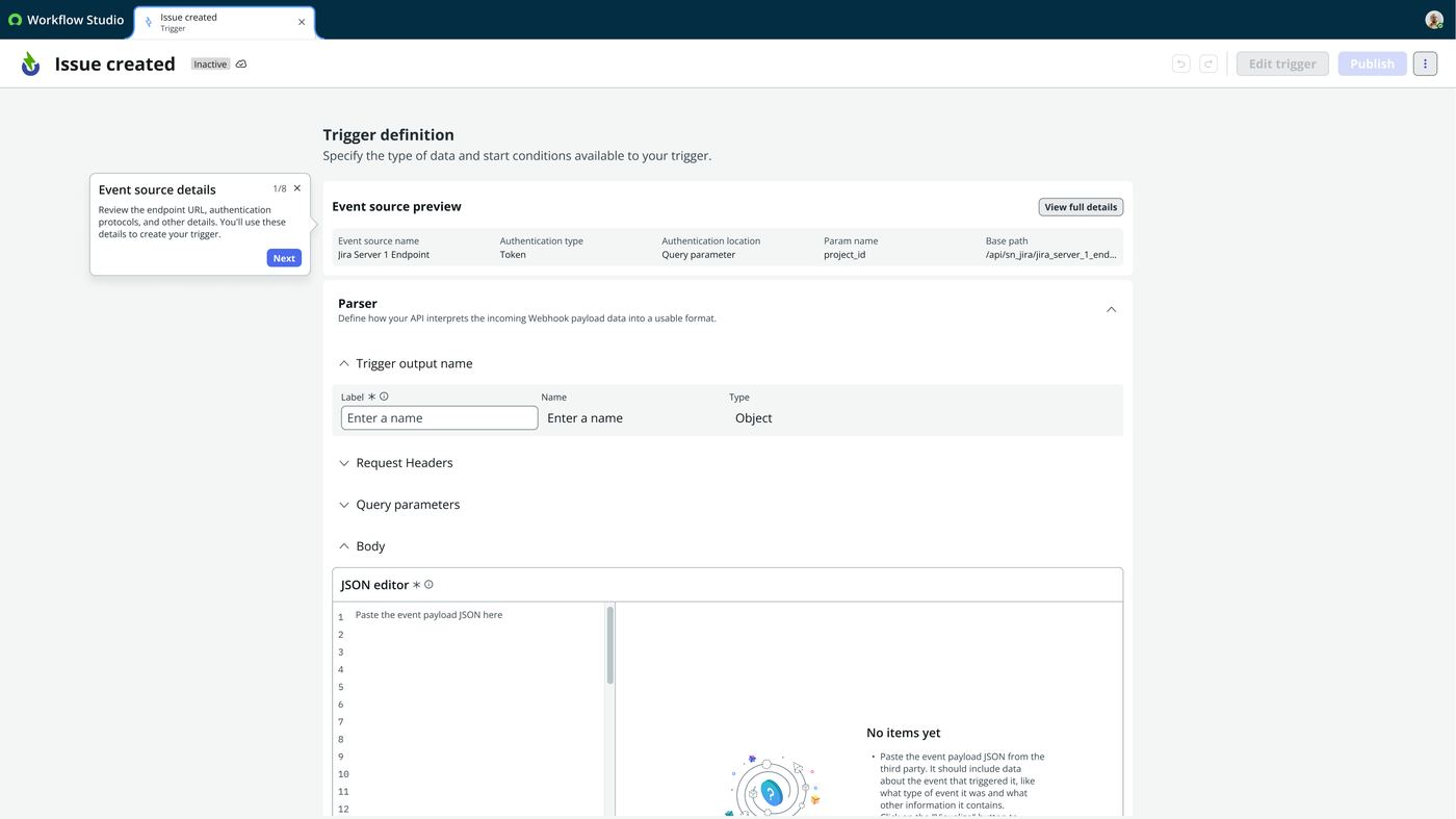 Frame 3 of 23 — “Event source details — review the endpoint URL, authentication protocols, and other details.” The endpoint, authentication type and l