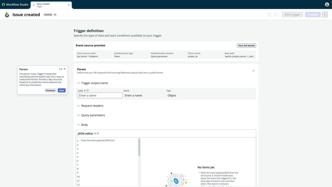 Frame 4 of 23 — “The parser is your trigger’s interpreter, translating external system data into a easy to understand format.” This is the step that r