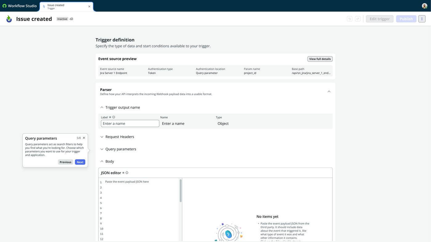 Frame 7 of 23 — “Query parameters act as search filters to help you find what you’re looking for.” Choose which ones the trigger uses.