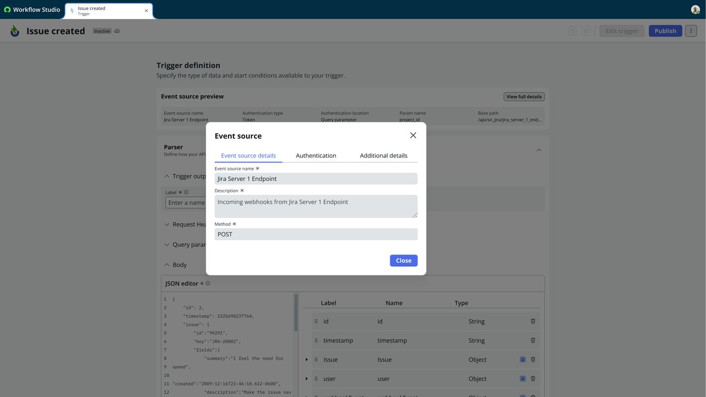 Frame 10 of 23 — The event source preview, always visible above the parser: name, authentication type, authentication location, param name, base path 