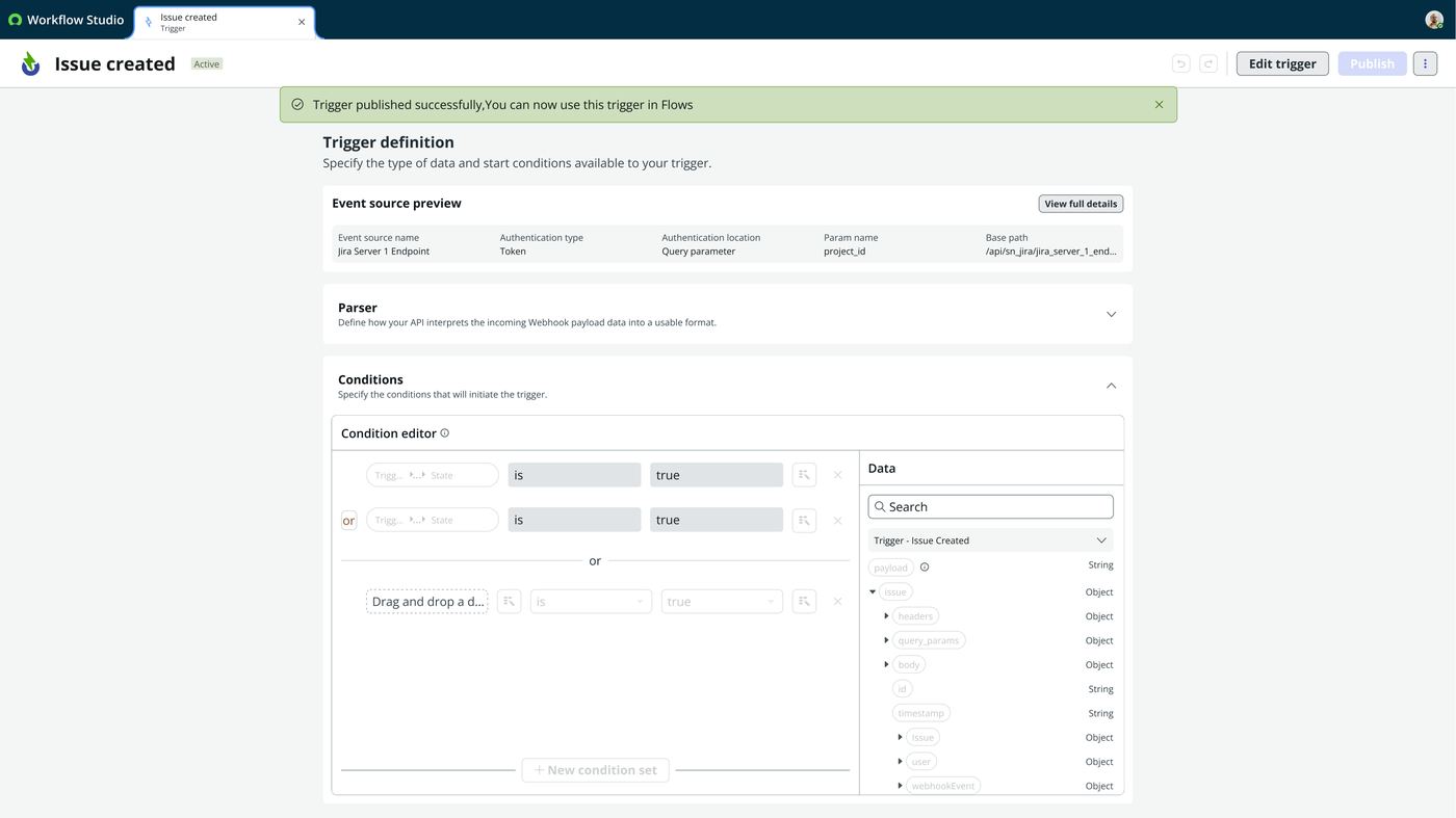 Frame 18 of 23 — “Trigger published successfully — you can now use this trigger in Flows.” The moment the integration owner’s work becomes the citizen
