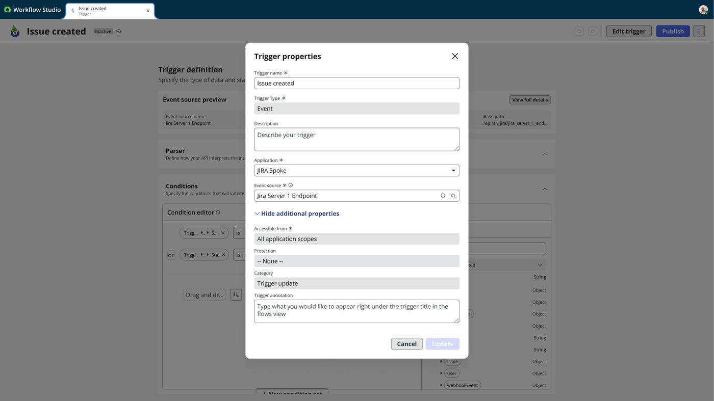 Frame 19 of 23 — Trigger properties keep the event source bound to the trigger: name, type, event source name, authentication type.