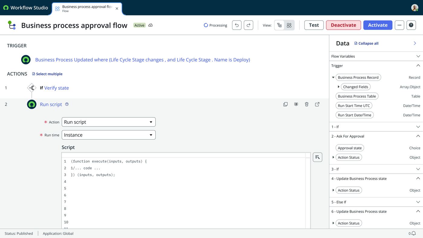 Frame 1 of 12 — Run script sitting inline as step 2 of a real flow, between an “If Verify state” branch and the approval logic — no wrapper action, no