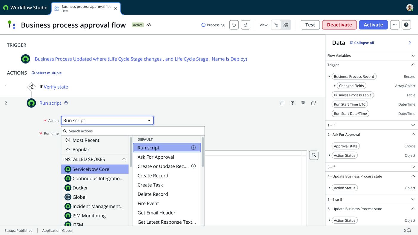 Frame 2 of 12 — It is picked from the ordinary action picker: Most Recent, Popular, installed spokes, ServiceNow Core. Run script is a built-in step, 