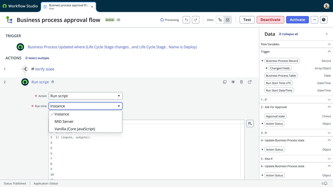 Frame 4 of 12 — The runtime dropdown — Instance, MID Server, Vanilla (Core JavaScript) — carried over unchanged from the existing Action Designer scri