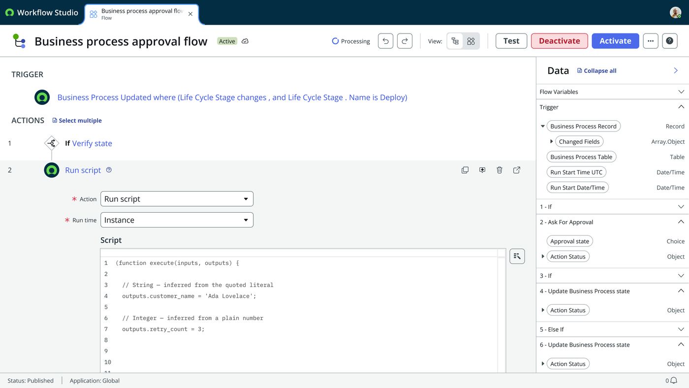 Frame 8 of 12 — The heart of it. Writing `outputs.customer_name = 'Ada Lovelace'` infers a String; `outputs.retry_count = 3` infers an Integer. The co