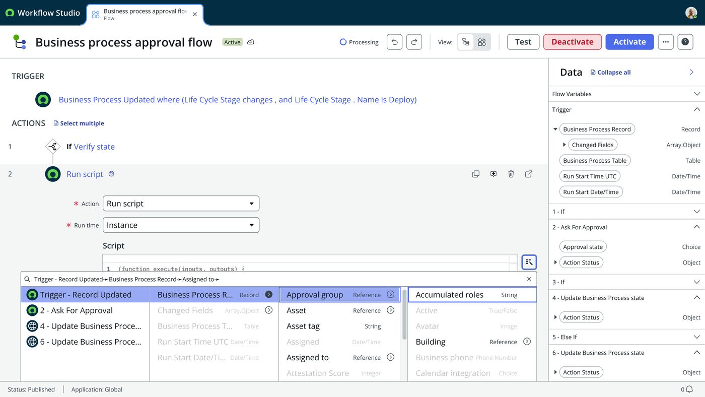Frame 9 of 12 — The Data rail on the right is what makes the step usable in a flow: trigger record, changed fields, table, run times, and every prior 