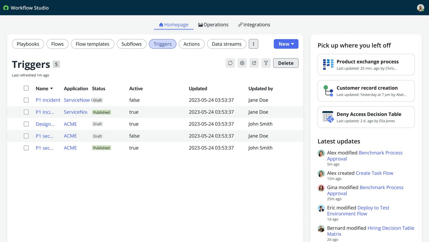 Frame 1 of 26 — Triggers get their own module in Workflow Studio, listed beside Playbooks, Flows and Subflows — the first move in making a trigger a s