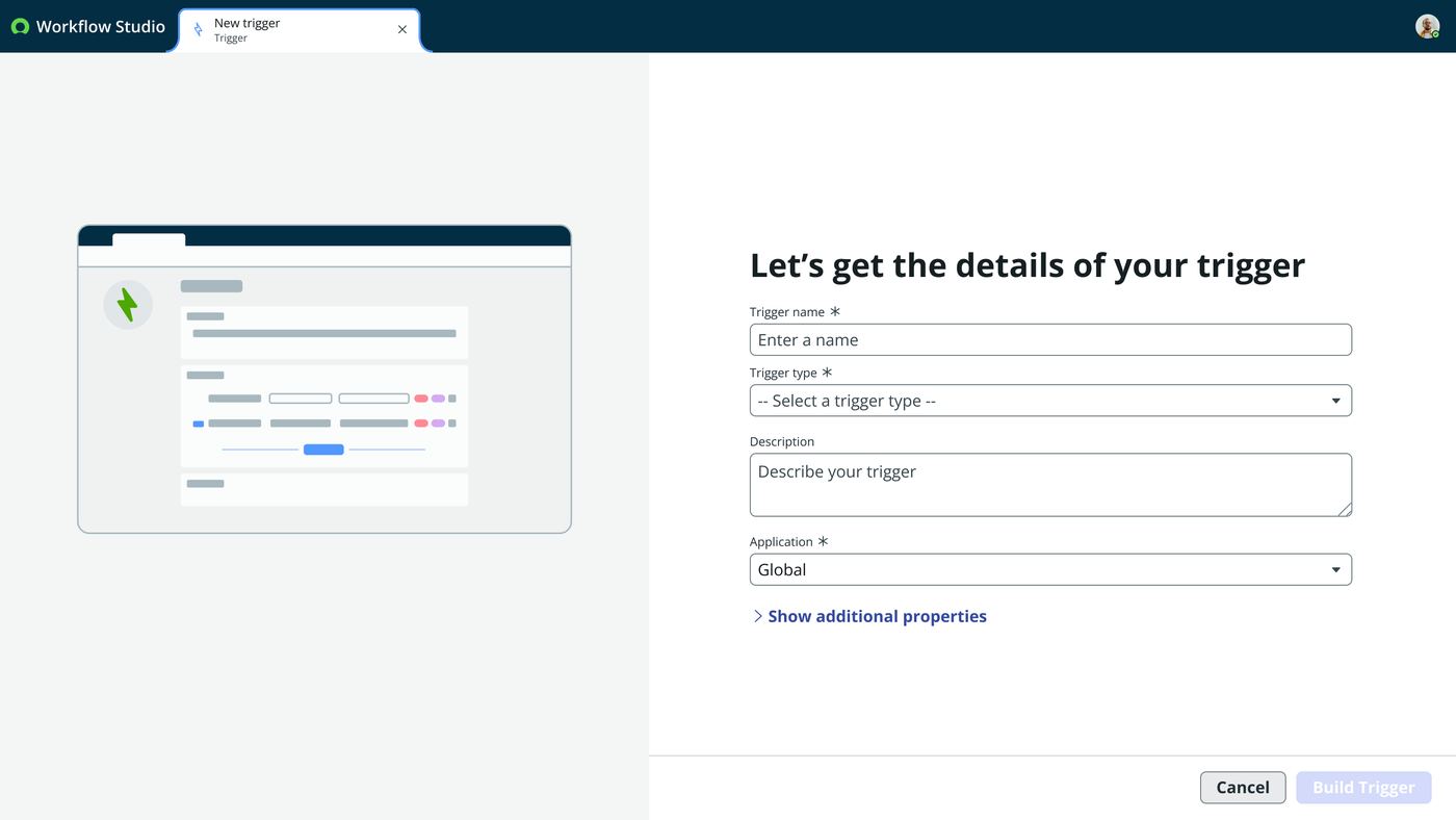 Frame 4 of 26 — “Let’s get the details of your trigger”: name, type, description and application, with Now Assist offered alongside.
