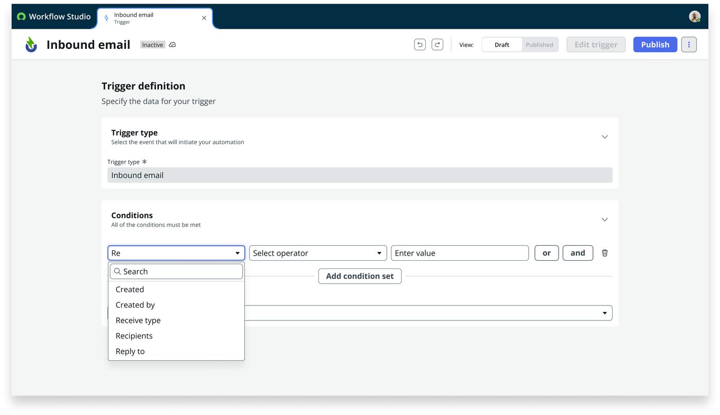 Frame 9 of 26 — Picking the field to test: typing “Re” filters to Receive type, Recipients, Reply to.