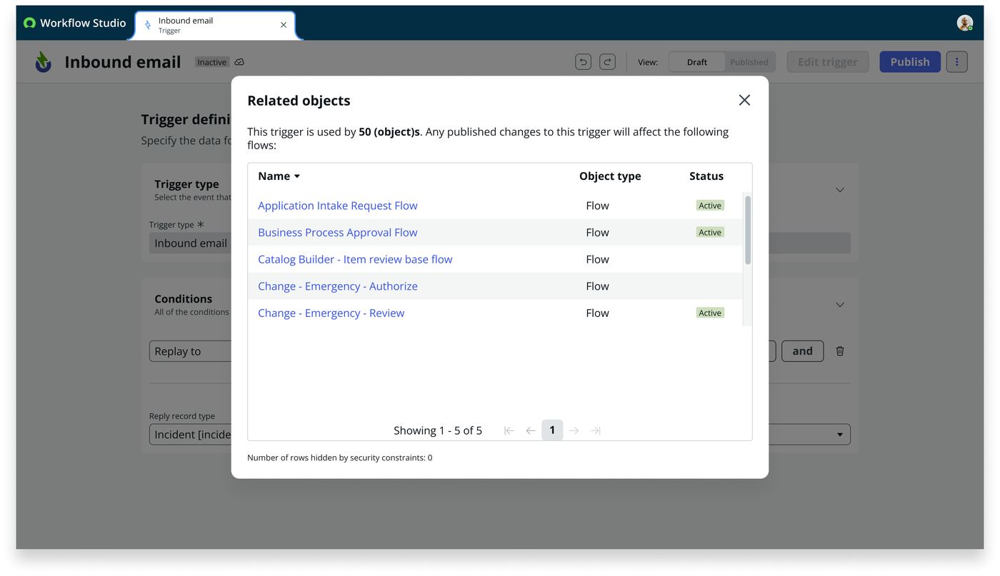 Frame 17 of 26 — Related objects — blast radius on demand: “This trigger is used by 50 (object)s. Any published changes to this trigger will affect th