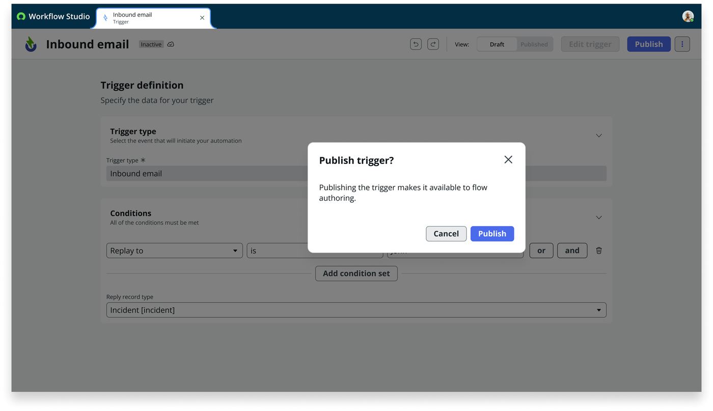 Frame 20 of 26 — Publishing is its own commitment gate — “Publishing the trigger makes it available to flow authoring.”