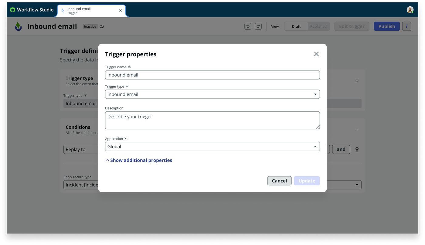 Frame 21 of 26 — Trigger properties, reopened from the same menu: name, type, description, application, and additional properties.