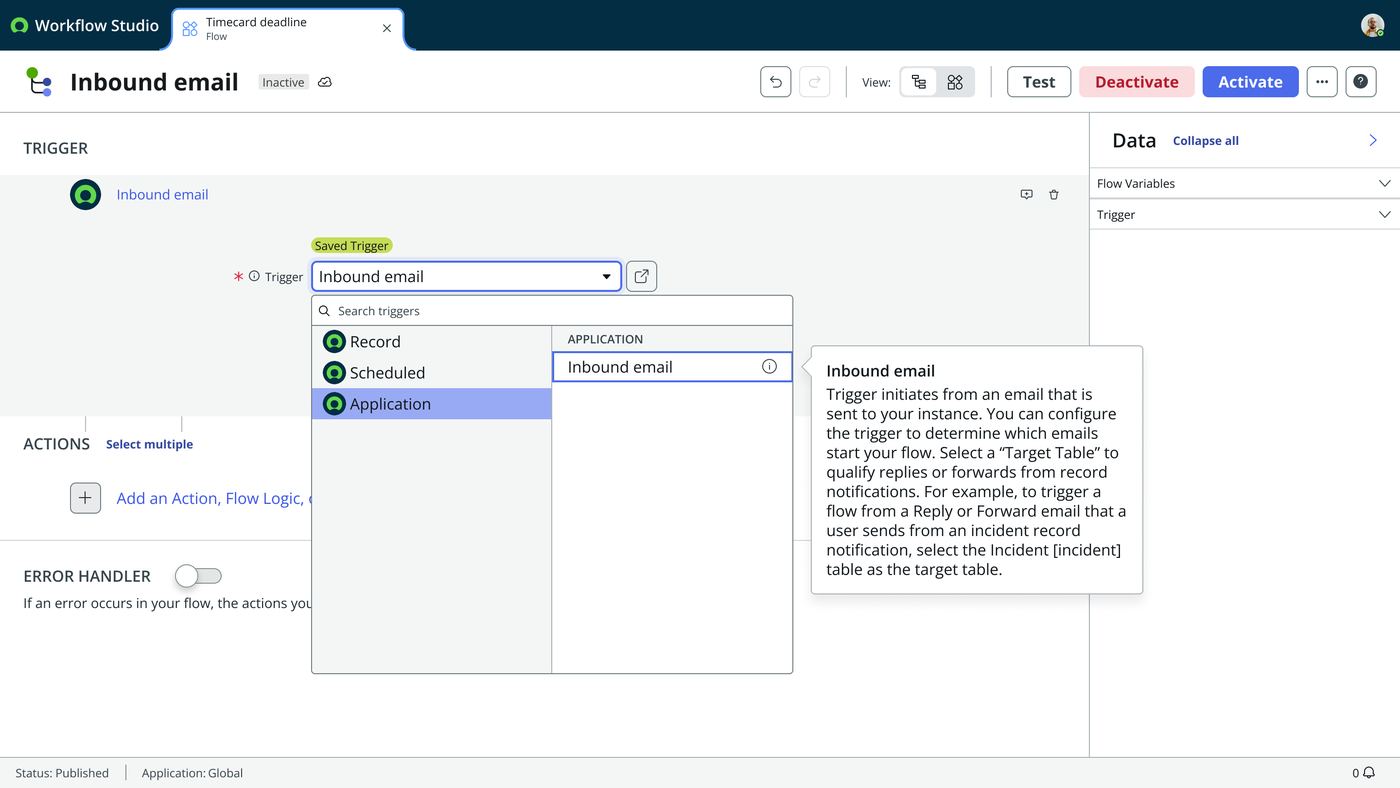 Frame 24 of 26 — The flow author picks from the saved-trigger library instead of rebuilding the logic.
