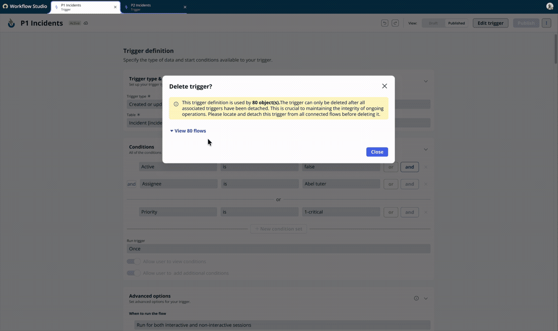 Delete trigger dialog reporting that 80 objects use the trigger, listing them, and offering only Close