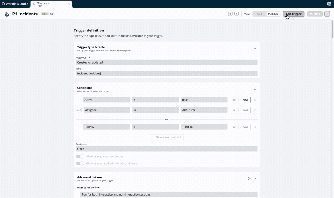 A published trigger opening read only, then Edit trigger branching it into a draft with a Draft and Published toggle