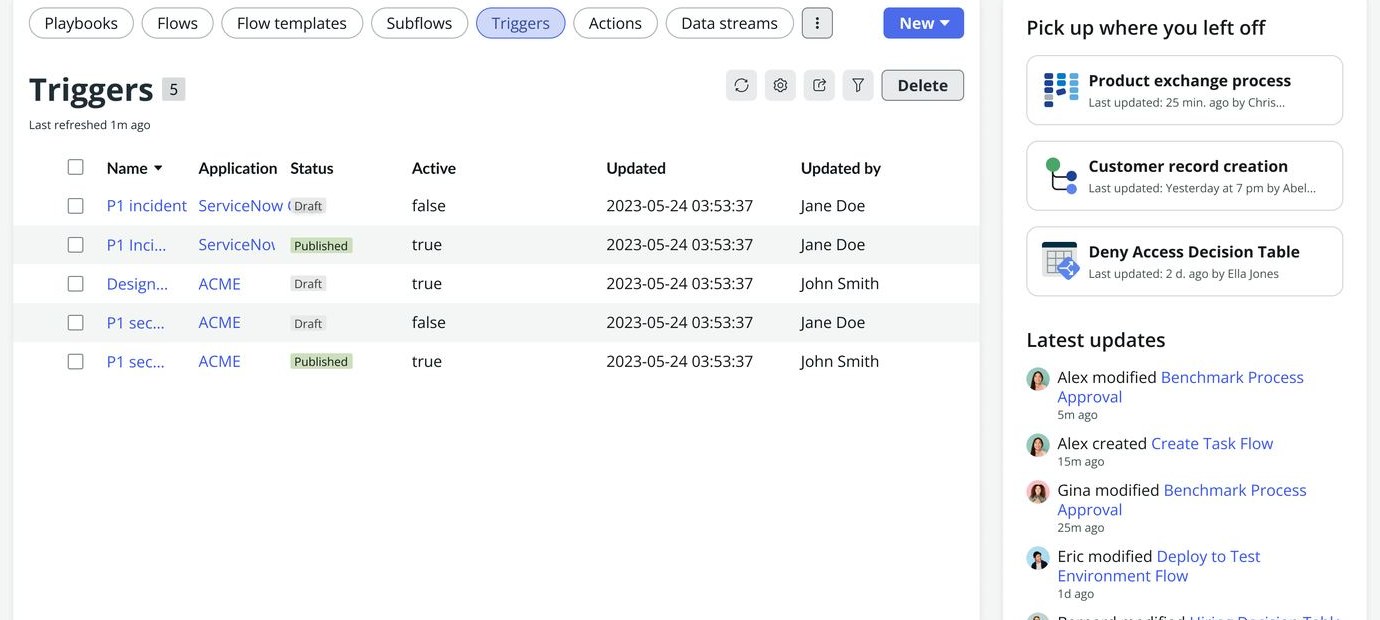 The Triggers list in Workflow Studio, with published and draft statuses side by side