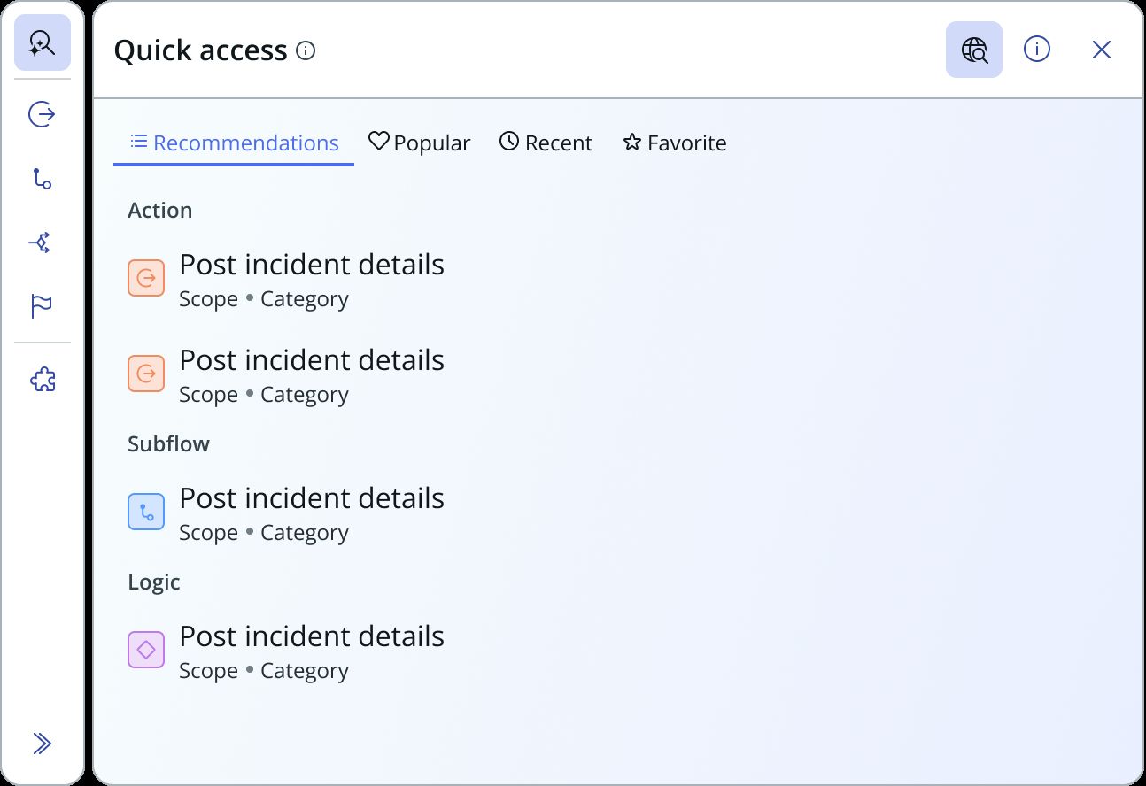 Frame 1 of 11 — Multi-entity, AI search off, Quick access, no results, no info panel. The default a flow author meets: Recommendations / Popular / Rec