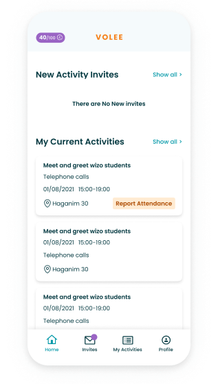 Volunteer app home tab