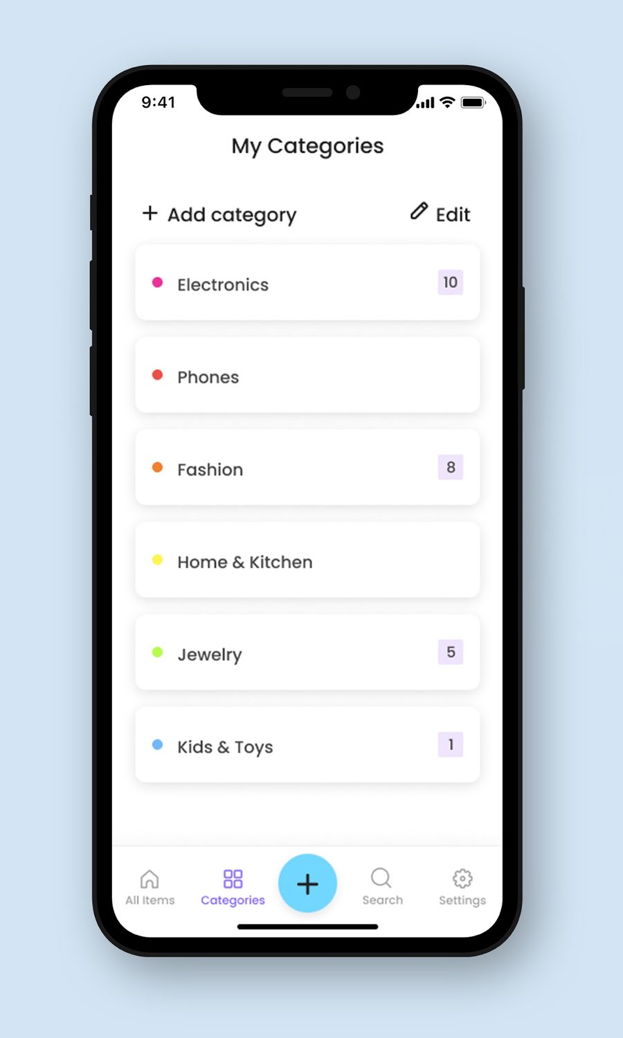 Final visual design, item list