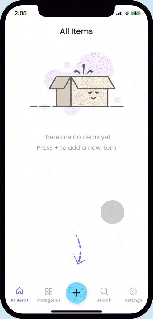 The empty state, pointing at the button that starts an upload